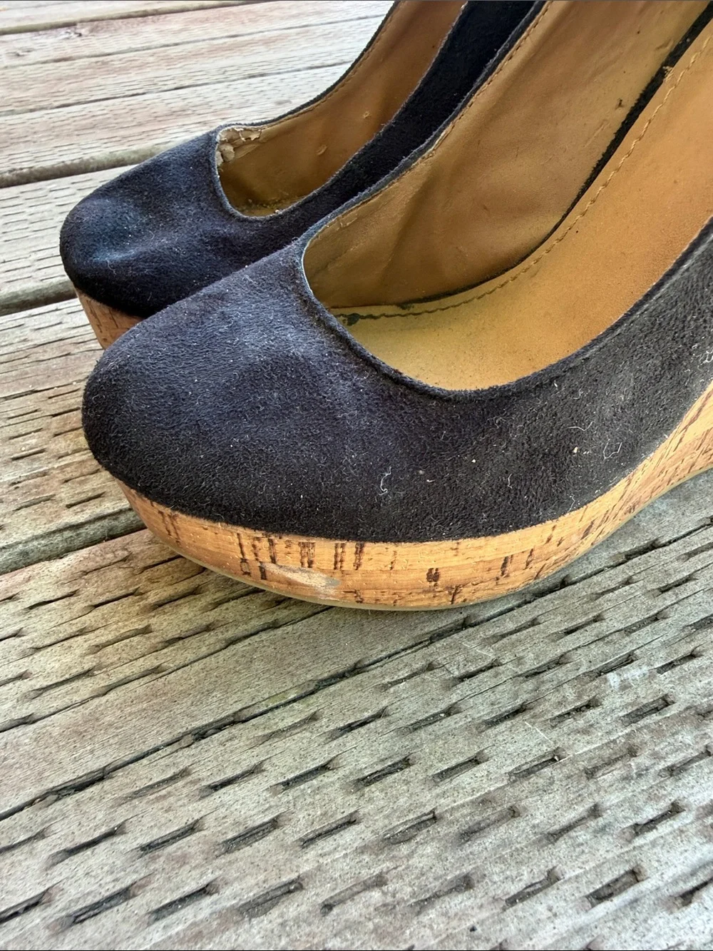 Black Suede Cork Wedge Pumps